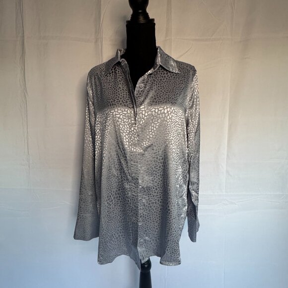 ACOA | LONG SLEEVE BLOUSE Silver/Blue Size Large Leopard Print - Dressy - 0338 - Picture 2 of 7